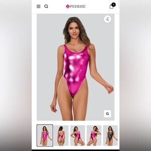 Shiny Pink Metallic High Cut Thong Leotard